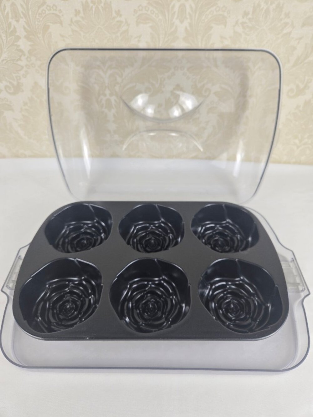 Nordic Ware 6 Rose Cake Pan with Acrylic Lid with Locking Tray Recipe Card
